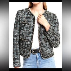 Express jacket medium NWT blazer tweed gold blue plaid metallic coastal‎ office